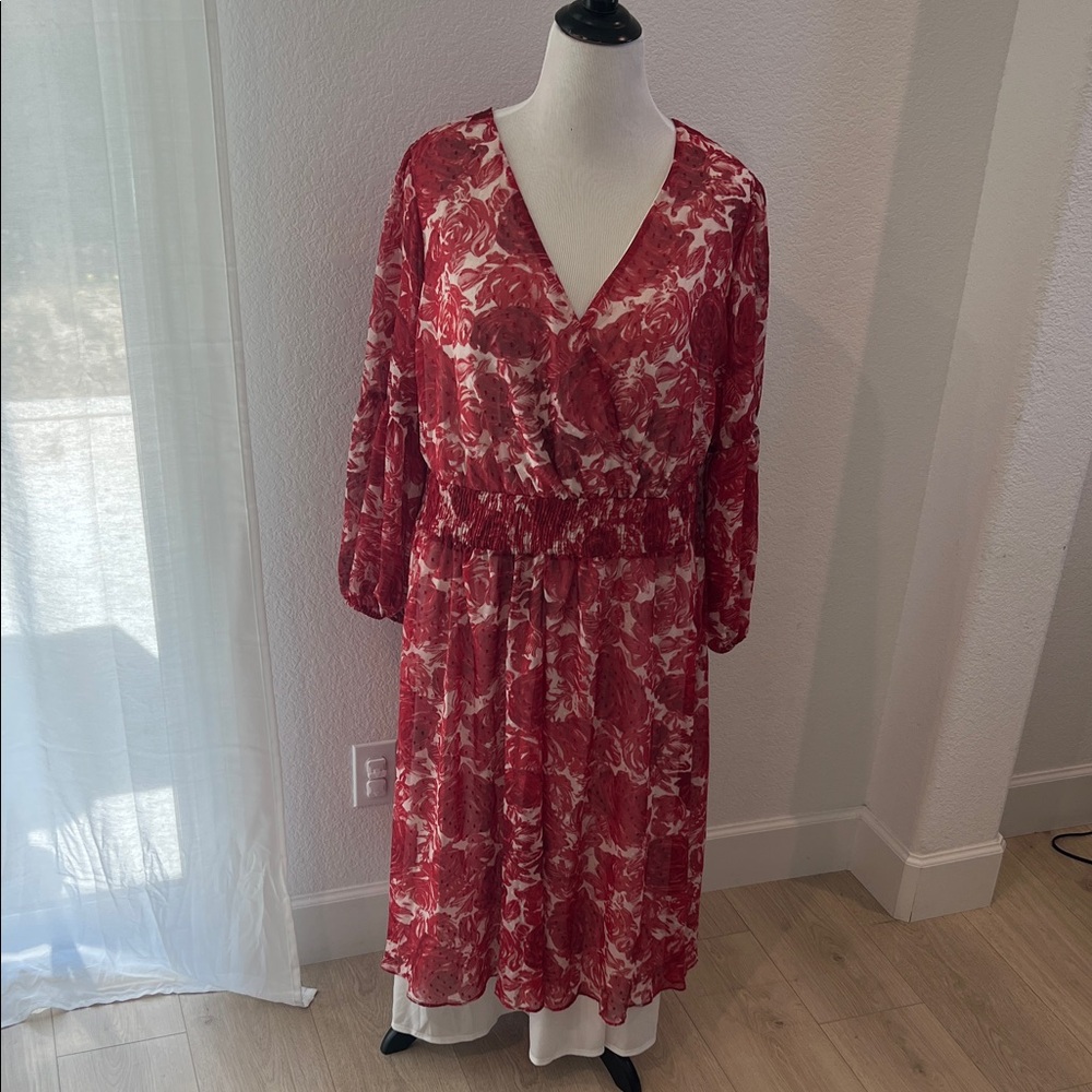 Chic Red Floral Long Sleeve Dress